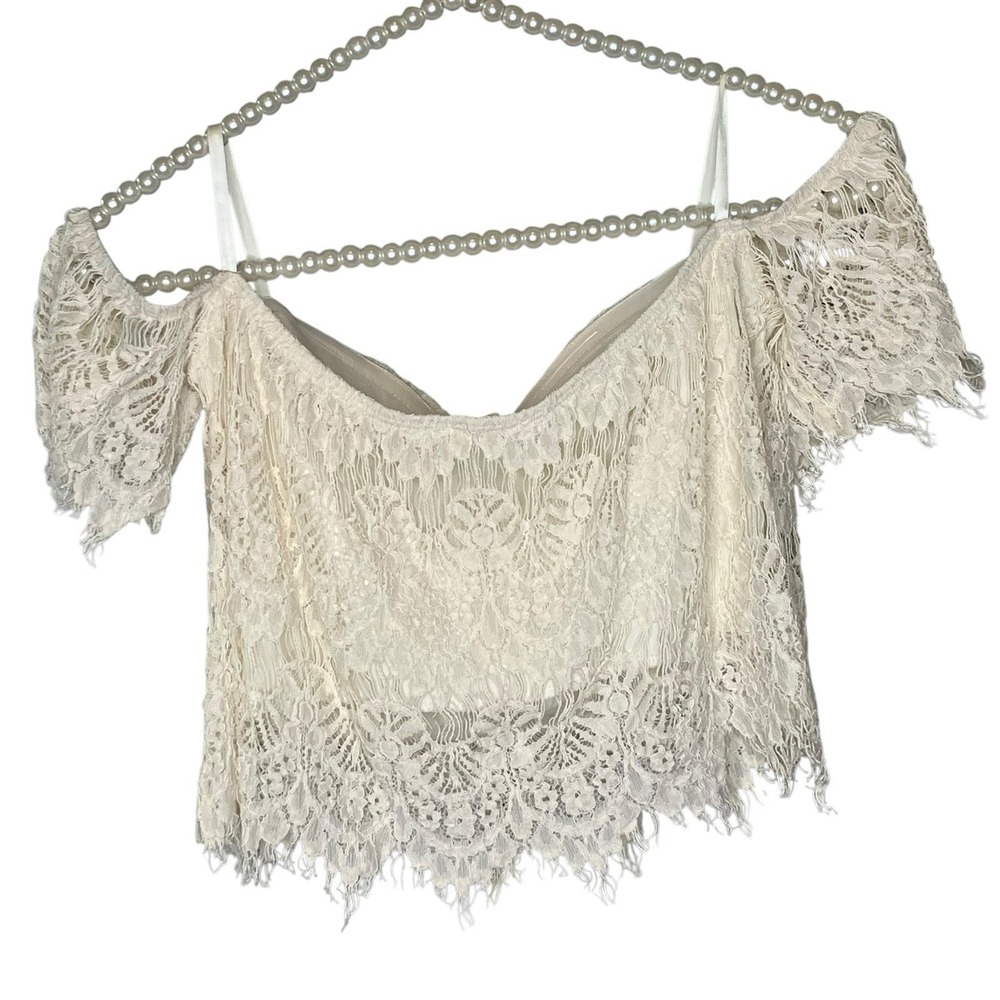 Beige Lace Crop Top Cold Shoulder S Sweetheart w Bra Boho Cowgirl Festival Fairy - Picture 3 of 12